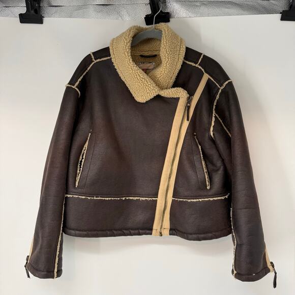 Pilcro by Anthropologie Faux Leather Jacket Womens Size XL Brown Sherpa-Lined - Picture 3 of 12